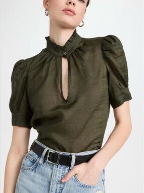 FRAME Deep V Ruffle Collar Top Fatigue Green Ramie Puff Sleeve XS